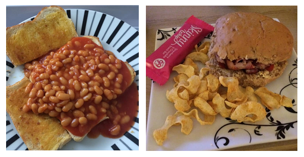 Baked beans or a bacon roll
